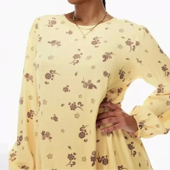 Aritzia Wilfred Lambrusco Tiered Mini Dress Floral Woodblock Print Yellow Small - Picture 4 of 12